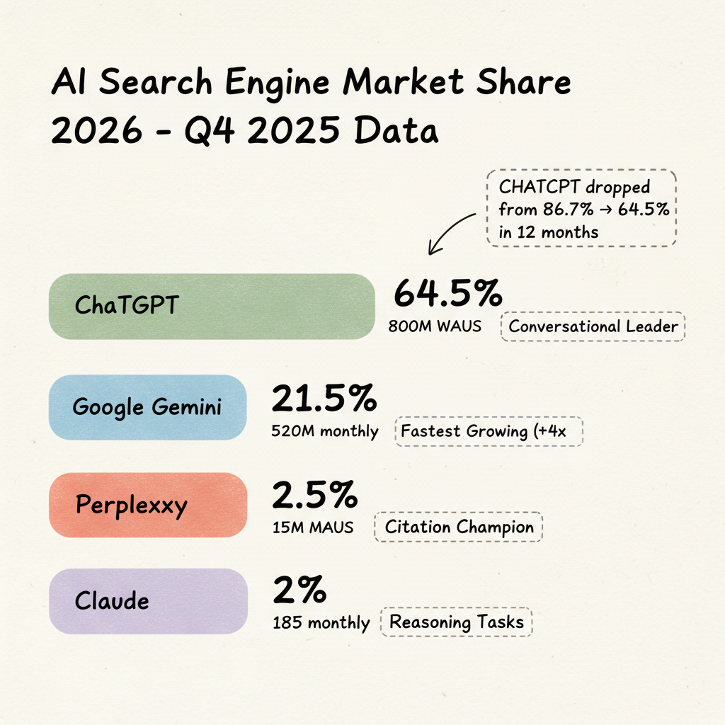 AI search engine market share 2026: ChatGPT 64.5%, Google Gemini 21.5%, Perplexity 2.5%, Claude 2%