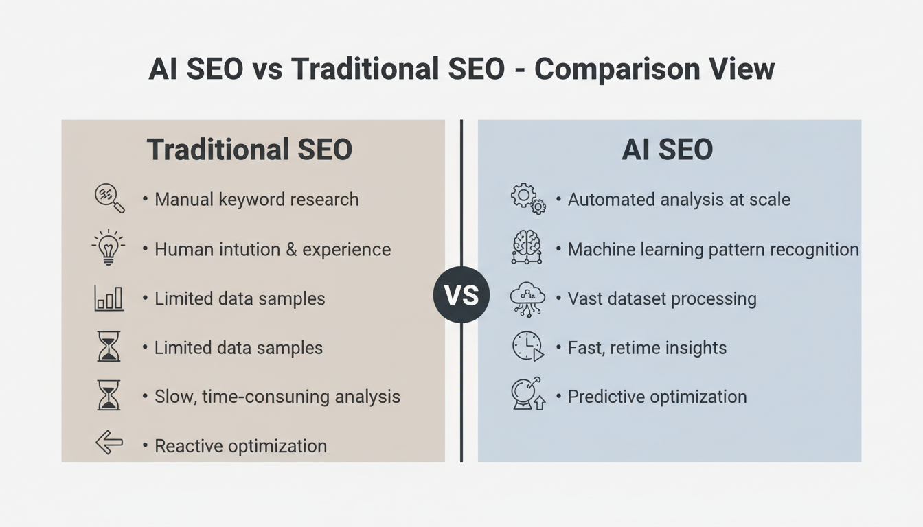 AI SEO vs Traditional SEO comparison showing methodology differences