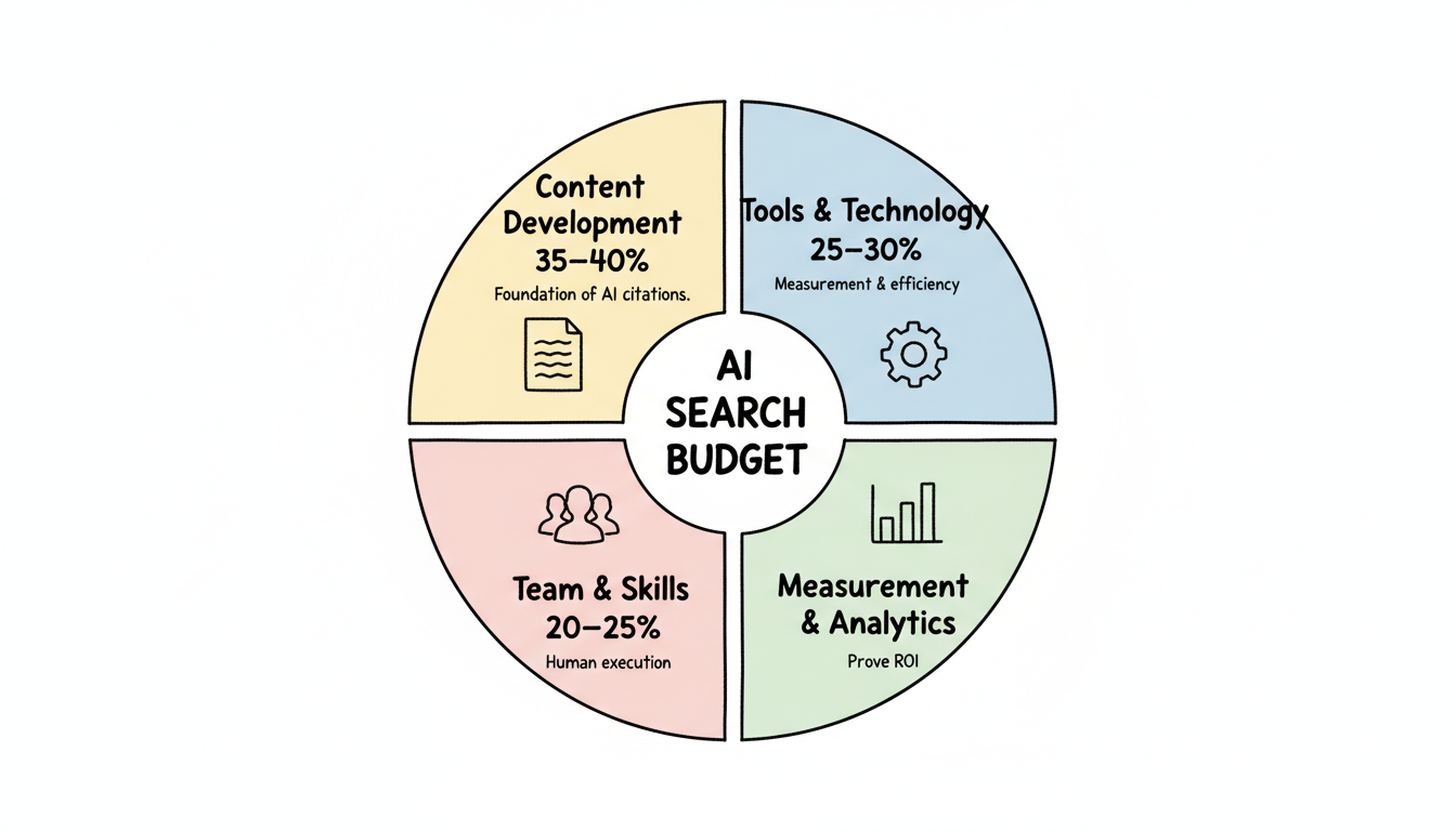 AI search budget allocation framework showing four categories: Content Development (35-40%), Tools & Technology (25-30%), Team & Skills (20-25%), and Measurement & Analytics (10-15%)