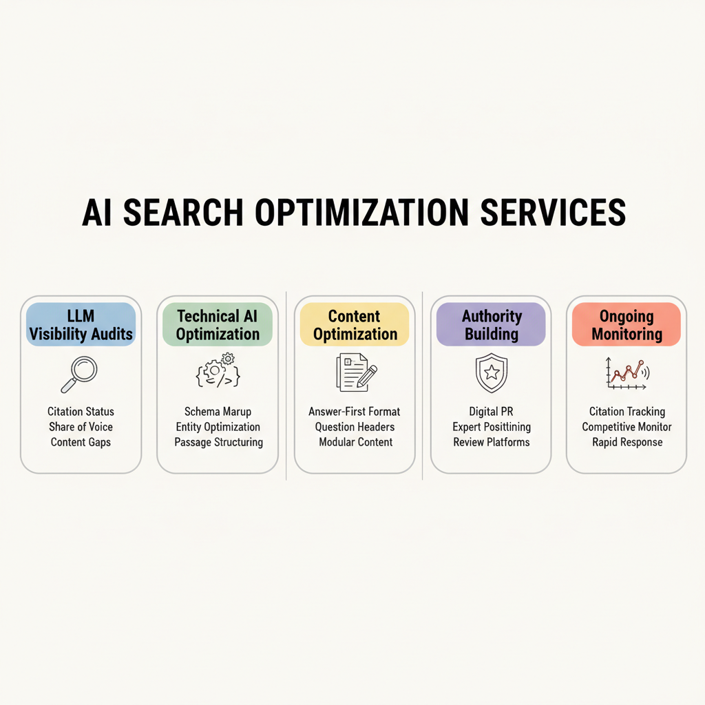 The five core service pillars of AI search optimization: LLM Visibility Audits, Technical AI Optimization, Content Optimization, Authority Building, and Ongoing Monitoring