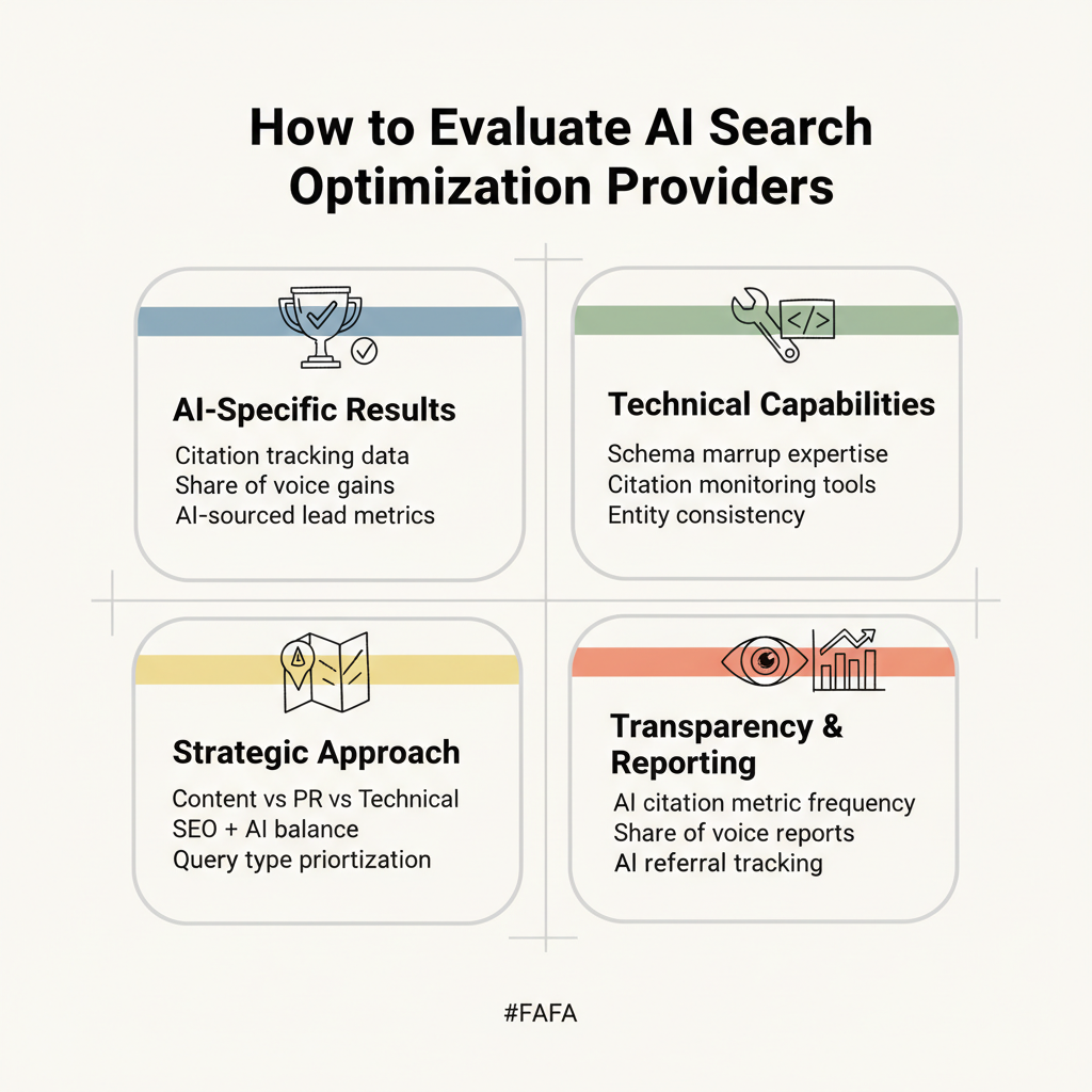 Four-criteria evaluation framework for choosing an AI search optimization agency: AI-Specific Results, Technical Capabilities, Strategic Approach, and Transparency & Reporting