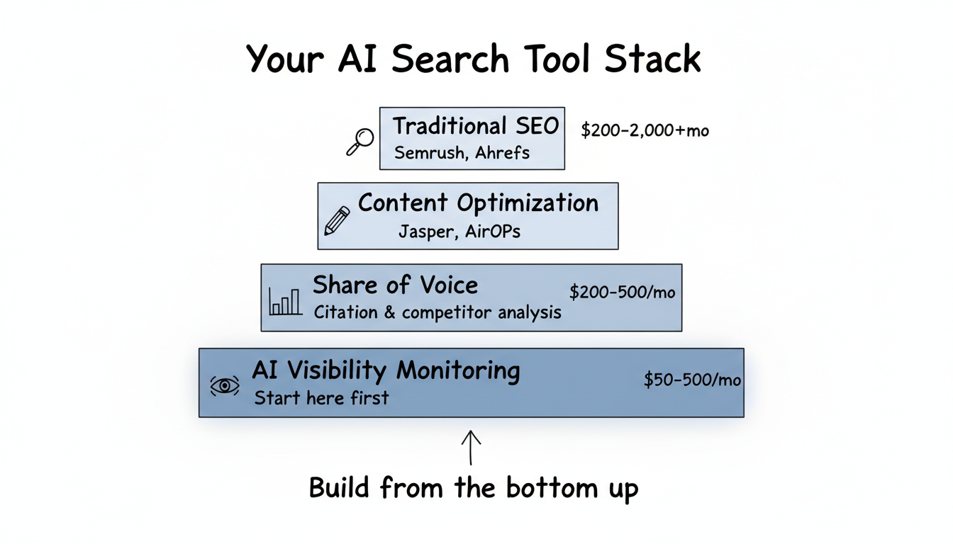 Recommended AI search tool stack showing four layers from foundation to advanced: Monitoring, Share of Voice, Content Optimization, and Traditional SEO with cost ranges