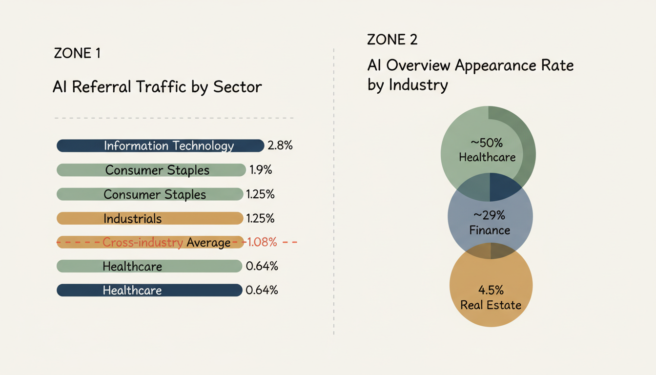 Cross-industry AI search metrics comparison: AI referral traffic by sector and AI Overview appearance rates by industry