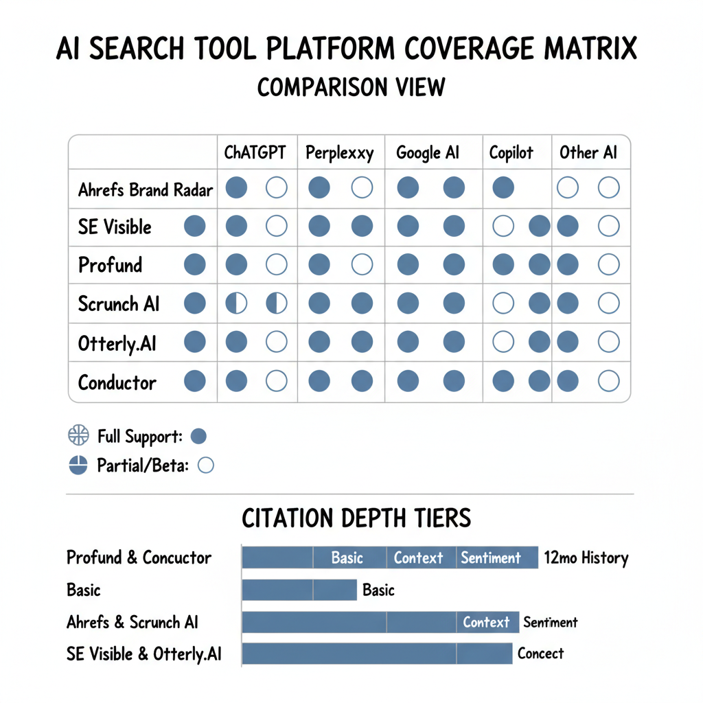 AI Search Tool Platform Coverage Matrix showing 6 tools mapped against AI platforms with citation depth tiers