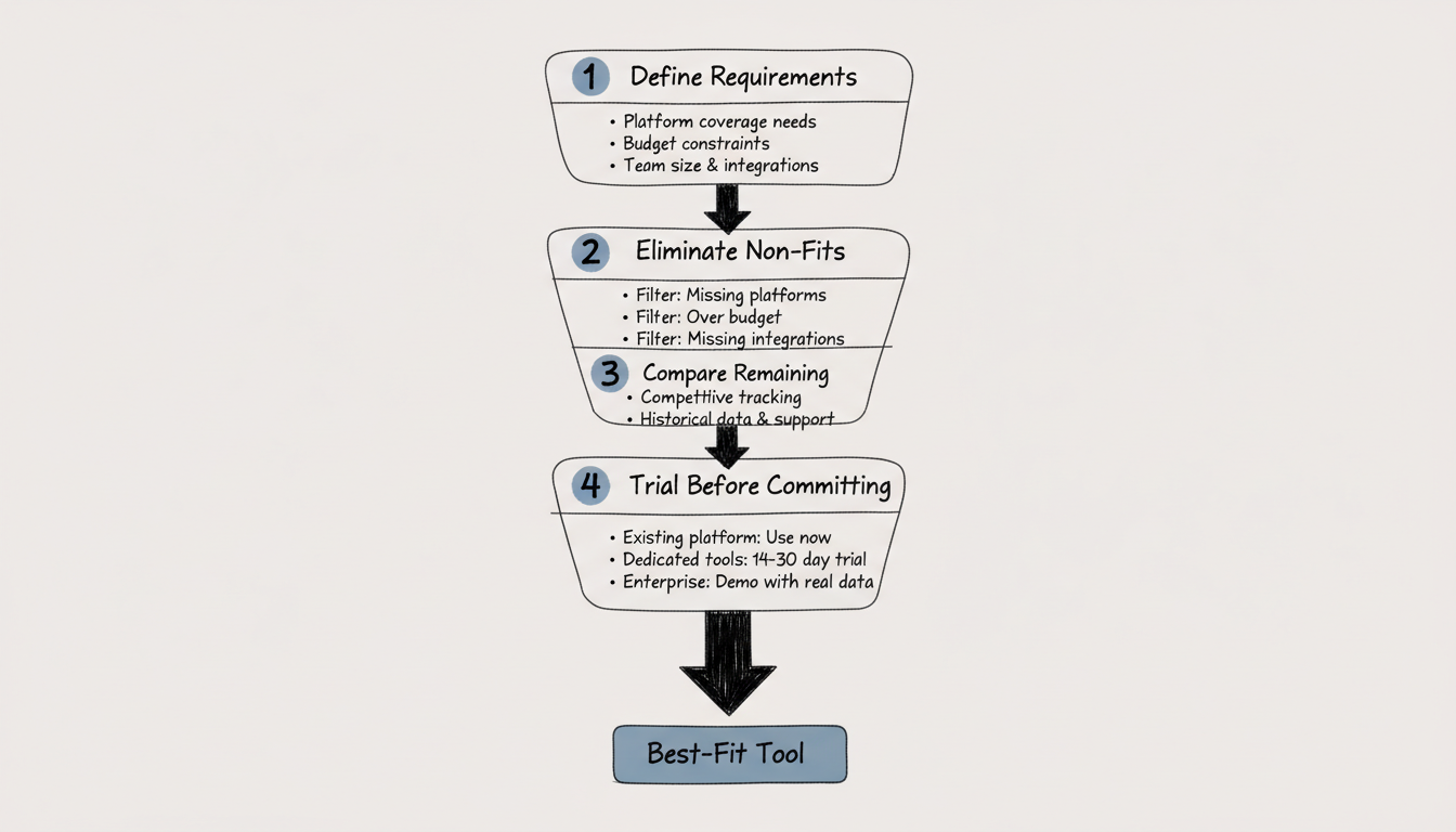 4-step AI search tool selection decision framework funnel from requirements to best-fit tool