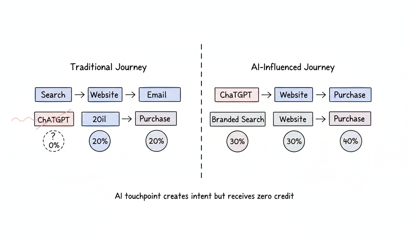Attribution gap comparison: Traditional Journey with full credit assignment vs AI-Influenced Journey where the ChatGPT touchpoint receives 0% credit