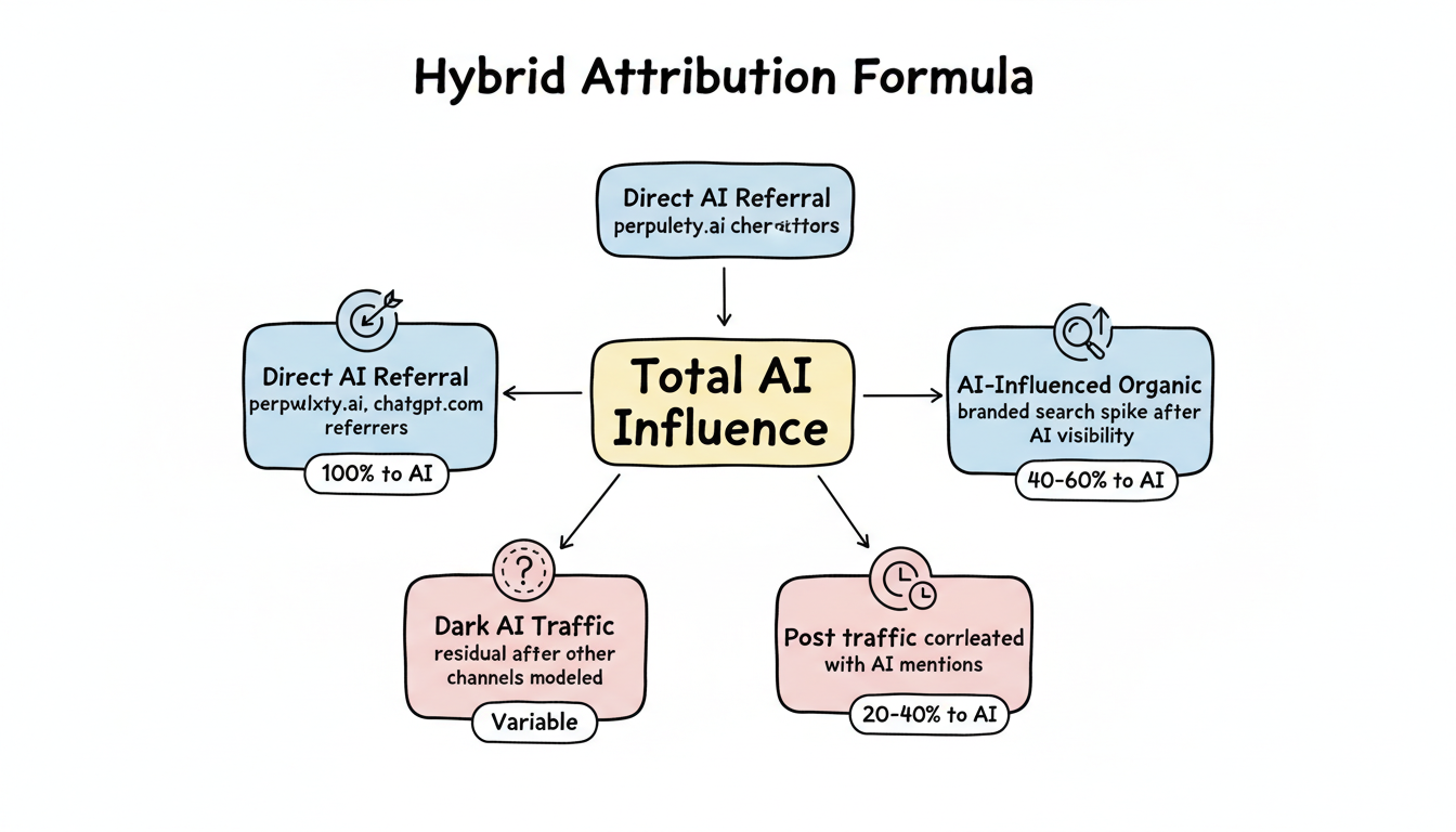 Hybrid AI Attribution Model framework: hub-and-spoke diagram showing Total AI Influence connected to four components with their attribution weights