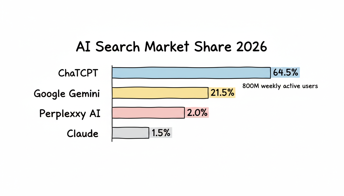 AI search platform market share 2026: ChatGPT 64.5%, Google Gemini 21.5%, Perplexity AI 2.0%, Claude 1.5%