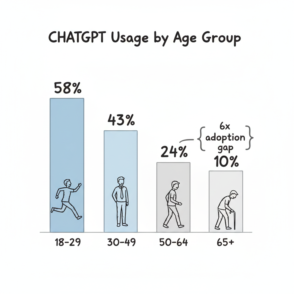 ChatGPT usage by age group: 18-29 (58%), 30-49 (43%), 50-64 (24%), 65+ (10%) — showing a 6x generational adoption gap