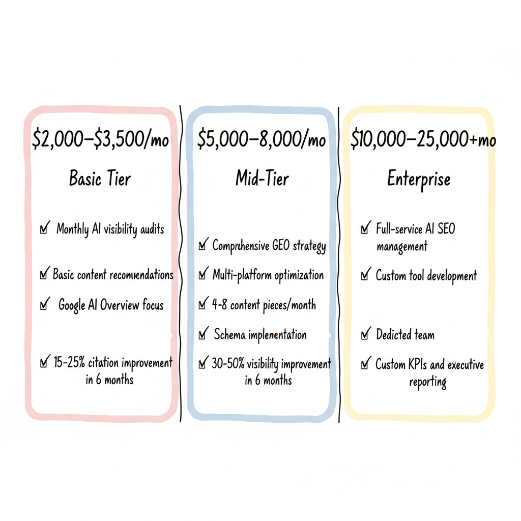 AI SEO pricing tiers comparison: Basic, Mid-Tier, and Enterprise service levels with expected outcomes