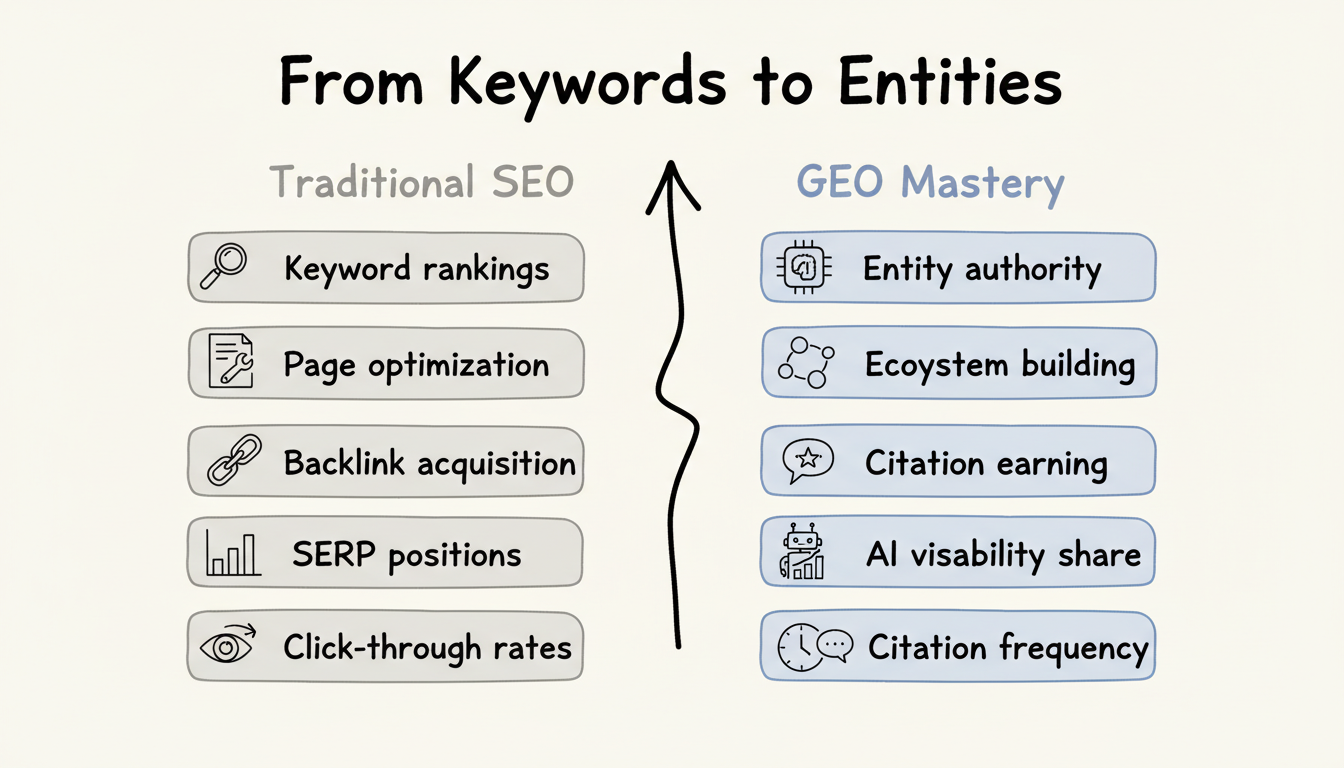SEO vs GEO: From keyword rankings and page optimization to entity authority and citation earning