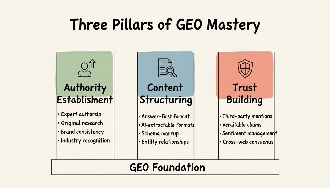 Three Pillars of GEO Mastery: Authority Establishment, Content Structuring, and Trust Building on a shared GEO Foundation