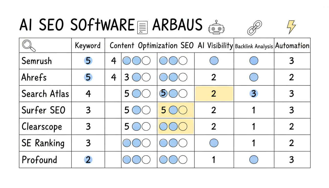 AI SEO software feature comparison matrix showing platform ratings across keyword research, content optimization, technical SEO, AI visibility, backlink analysis, and automation