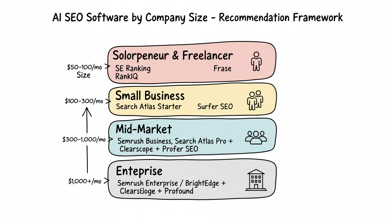 AI SEO software recommendation framework by company size showing tool stacks for solopreneurs, small businesses, mid-market, and enterprise with budget ranges
