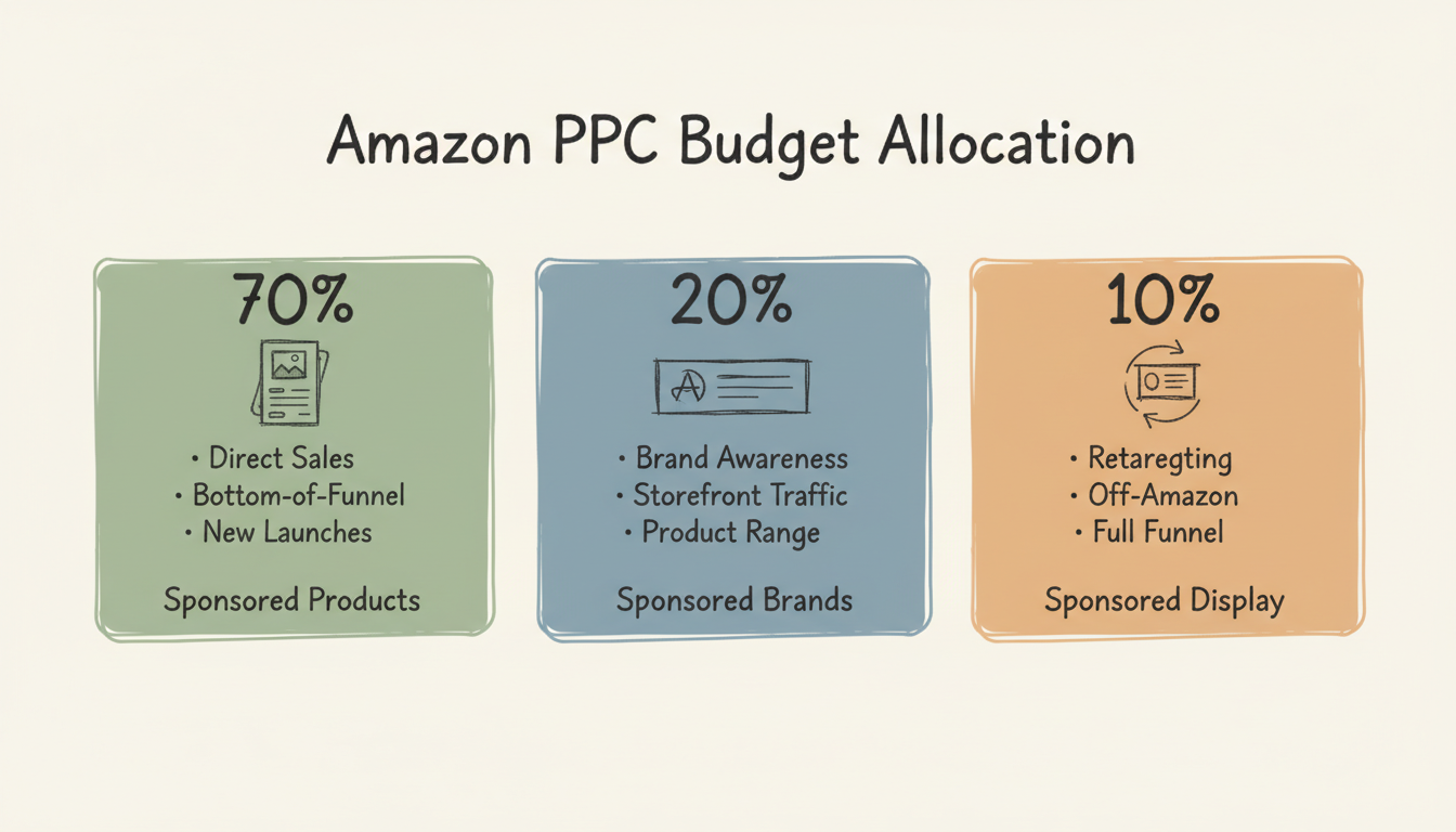 Amazon PPC ad types budget allocation showing Sponsored Products at 70%, Sponsored Brands at 20%, and Sponsored Display at 10%