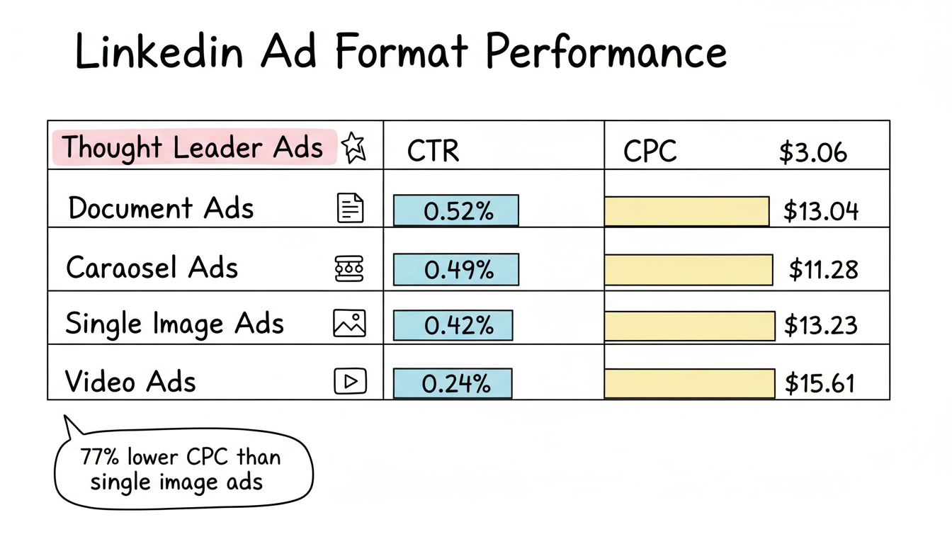 LinkedIn ad format performance comparison by CTR and CPC