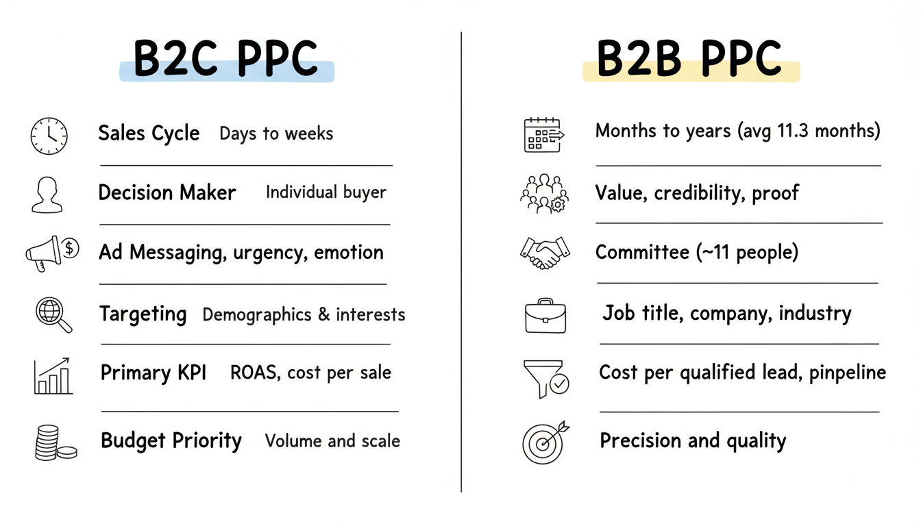 B2B vs B2C PPC key strategic differences across sales cycle, decision makers, messaging, targeting, KPIs, and budget priority