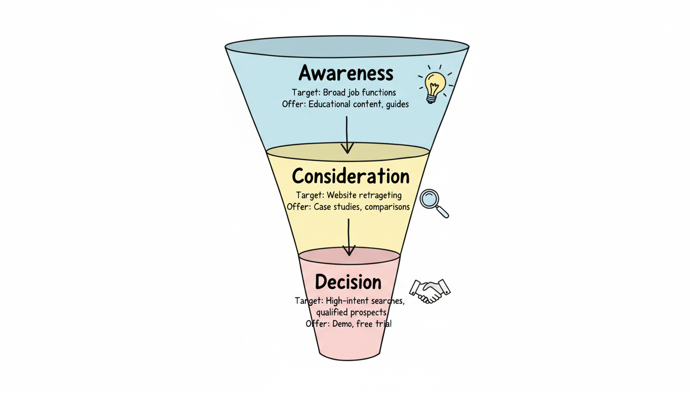 B2B PPC funnel stages: Top (Awareness/educational content), Middle (Consideration/case studies), Bottom (Decision/demo and trial)