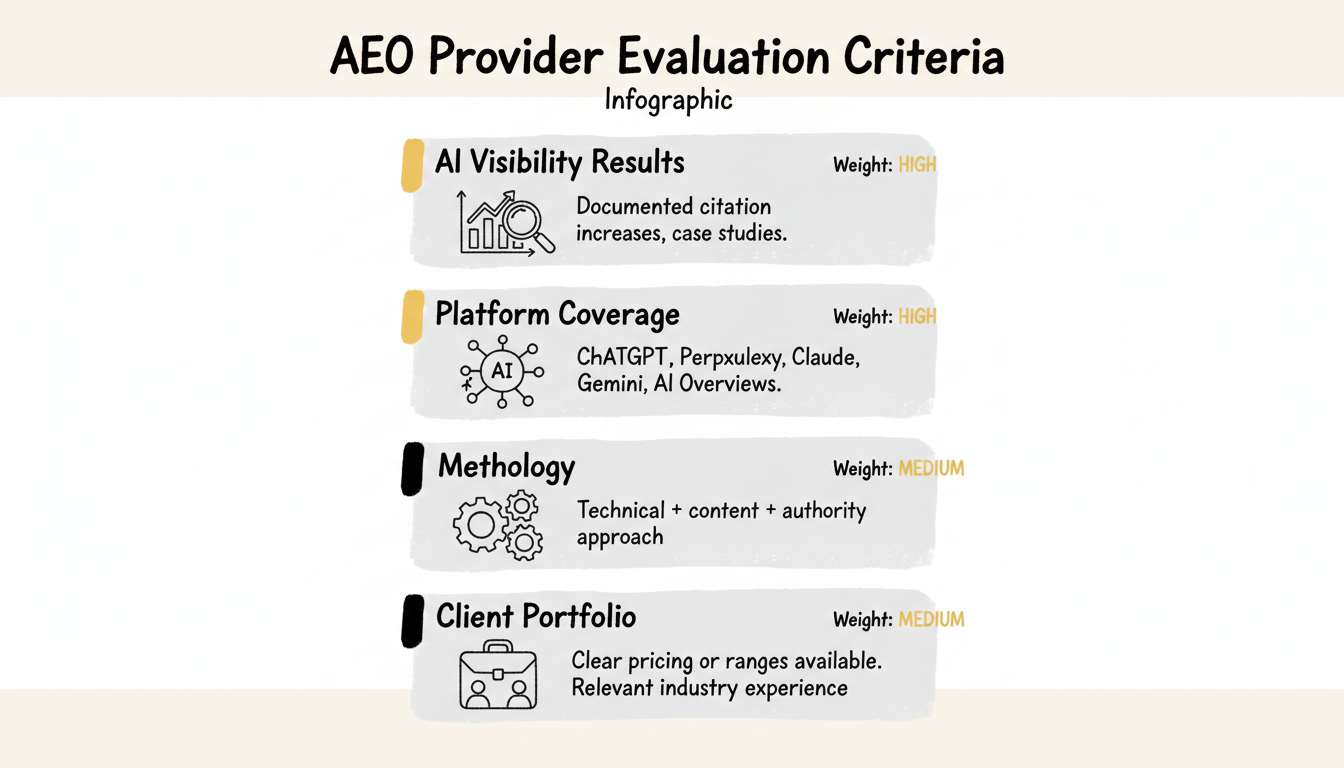 AEO provider evaluation criteria infographic showing five factors: AI visibility results, platform coverage, methodology, pricing transparency, and client portfolio with their respective weights