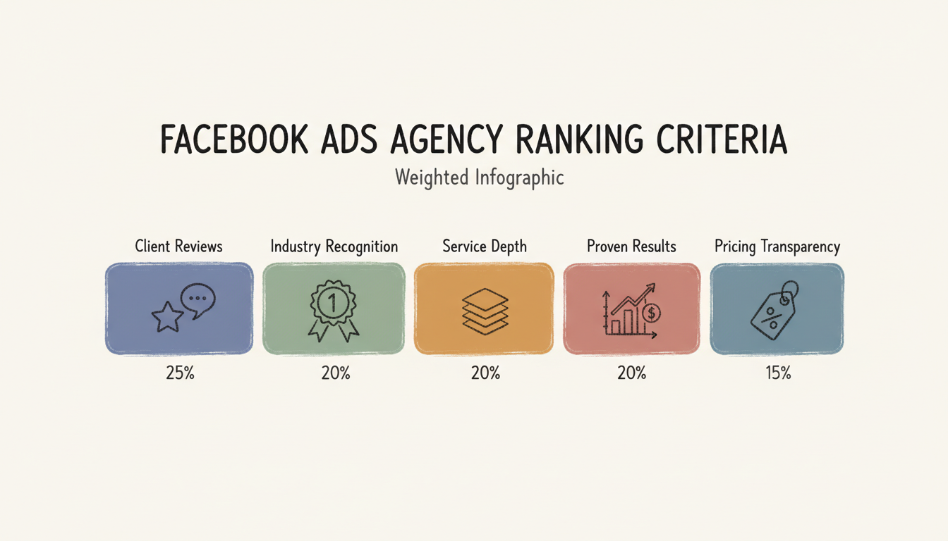 Ranking criteria for Facebook ads agencies in India: 5 weighted factors including Client Reviews (25%), Industry Recognition (20%), Service Depth (20%), Proven Results (20%), and Pricing Transparency (15%)