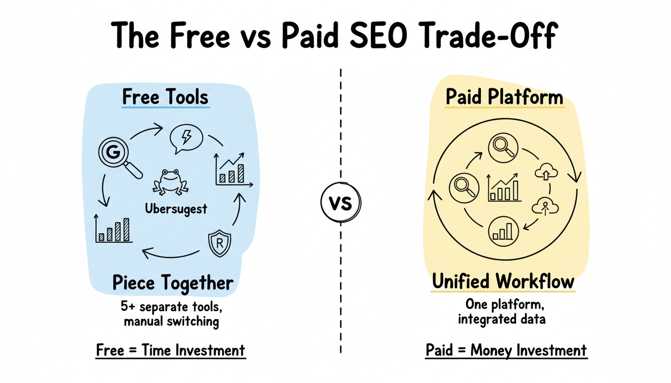 Free vs Paid SEO Stack comparison showing fragmented free tools versus unified paid platform