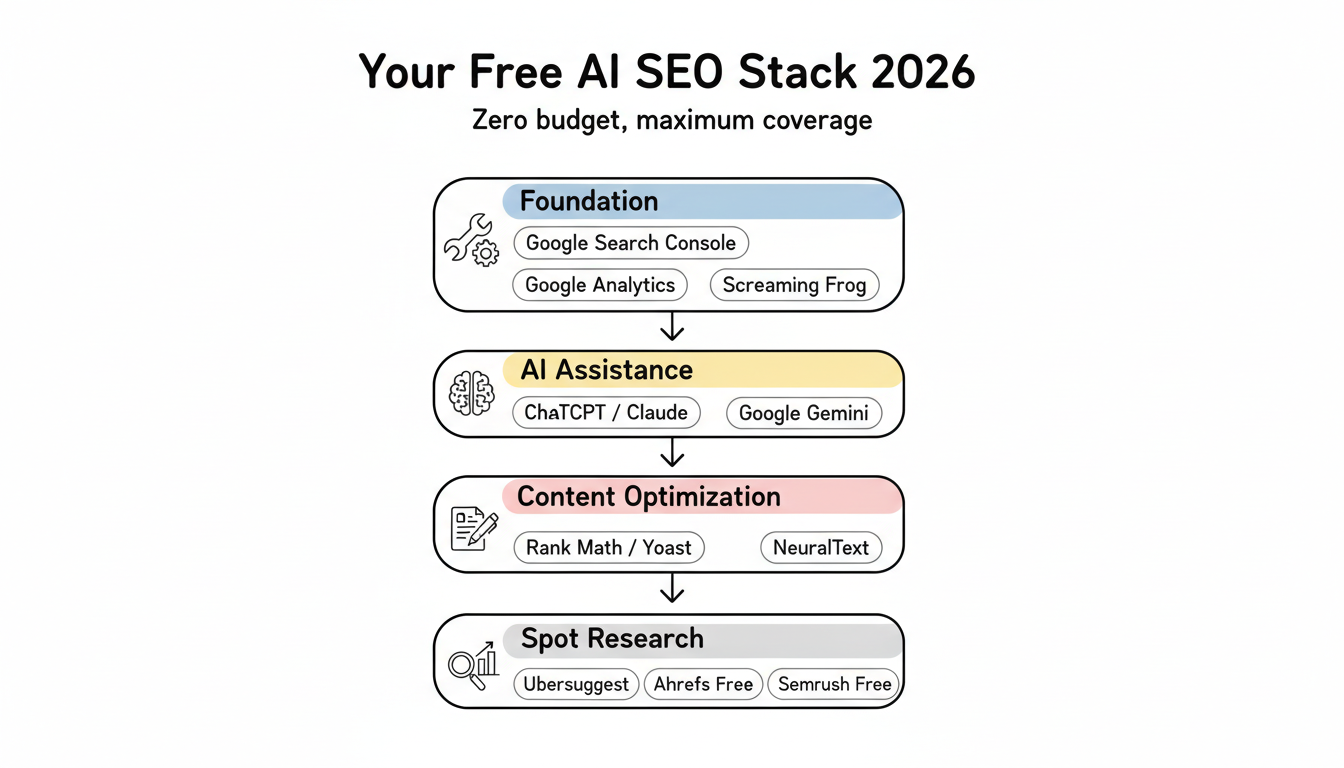 Your Free AI SEO Stack 2026 - layered framework showing Foundation, AI Assistance, Content Optimization, and Spot Research tiers