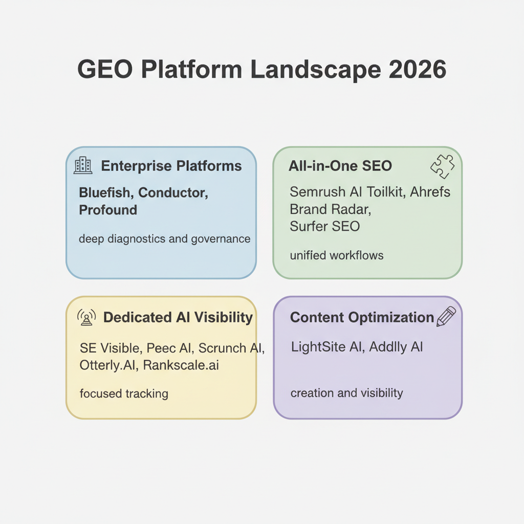 GEO Platform Landscape 2026 — four categories: Enterprise Platforms, All-in-One SEO, Dedicated AI Visibility, and Content Optimization