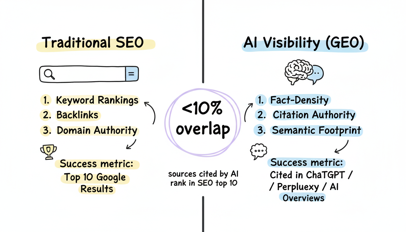 SEO vs AI Visibility: less than 10% overlap between sources cited by AI and traditional SEO top 10 results