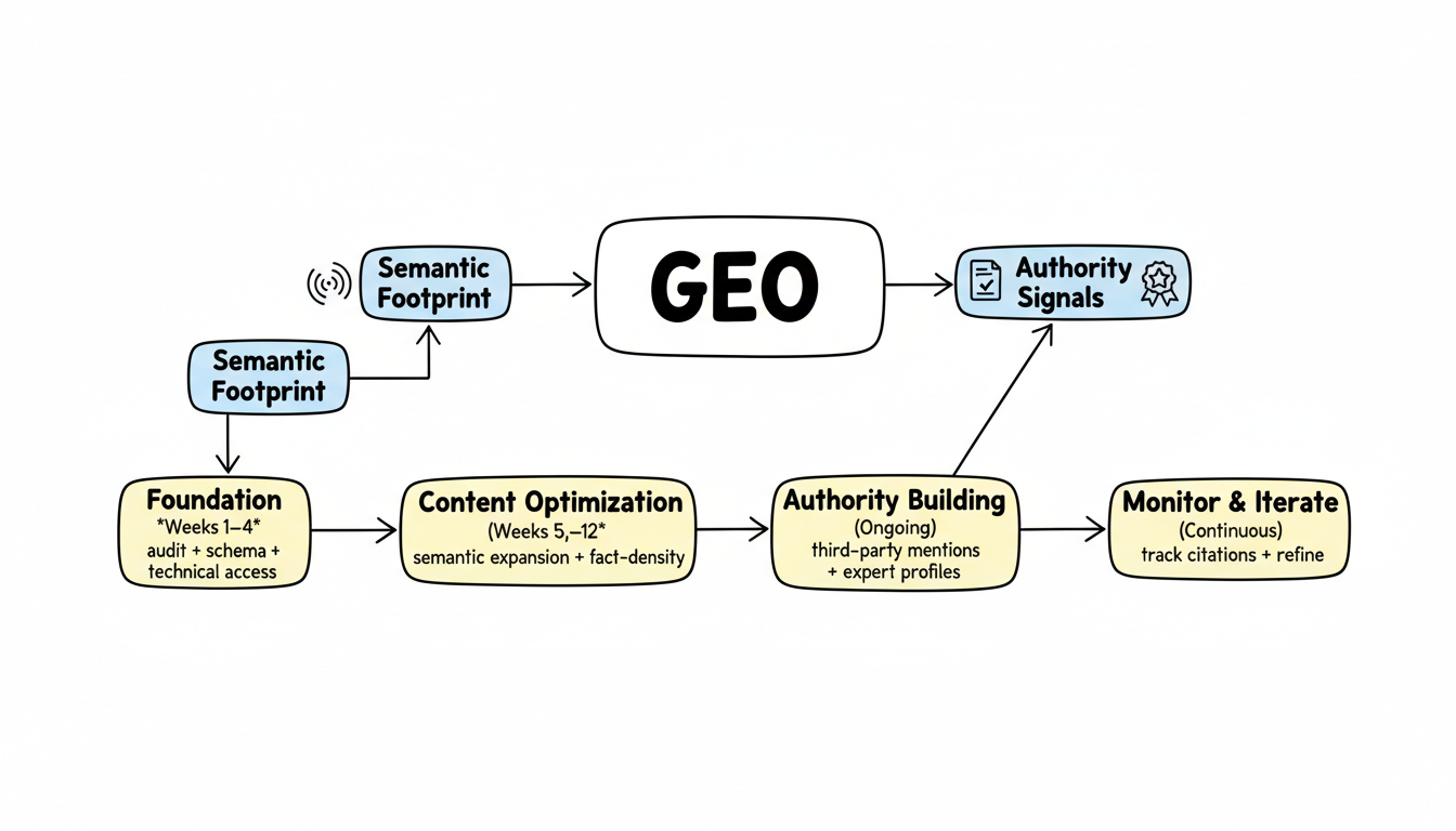 GEO Complete System: three pillars (Semantic Footprint, Fact-Density, Authority Signals) feeding into four implementation phases