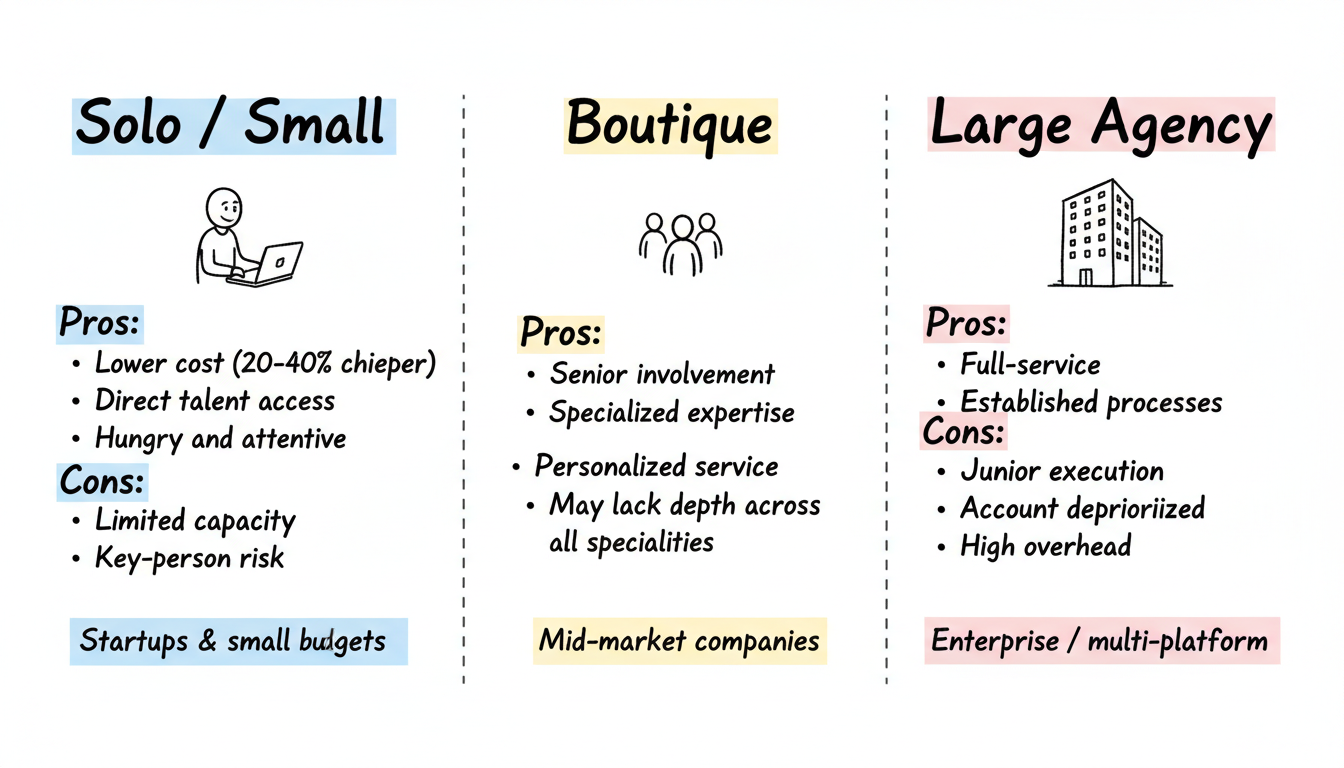 Agency size comparison: Solo/Small vs Boutique vs Large LinkedIn ad agencies