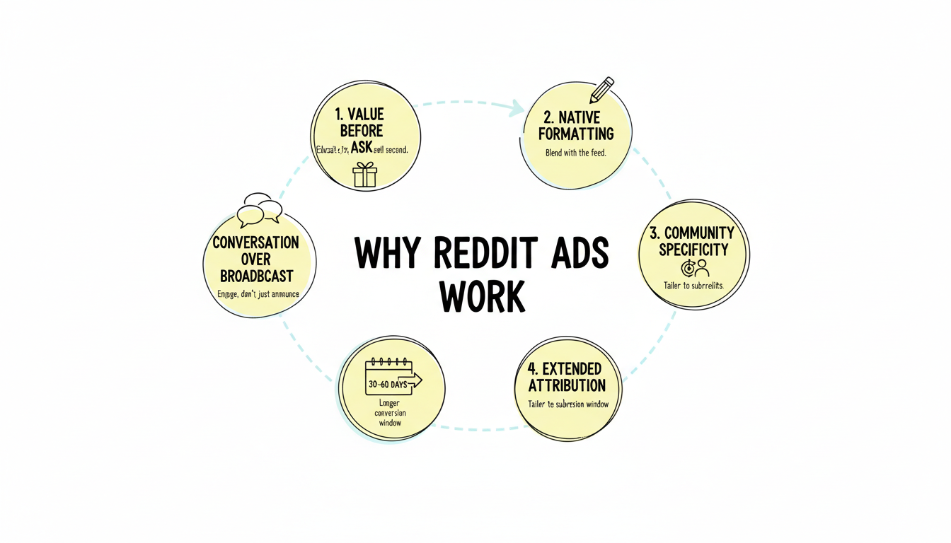 5 winning patterns behind successful Reddit ads: Value Before Ask, Native Formatting, Community Specificity, Extended Attribution, Conversation Over Broadcast