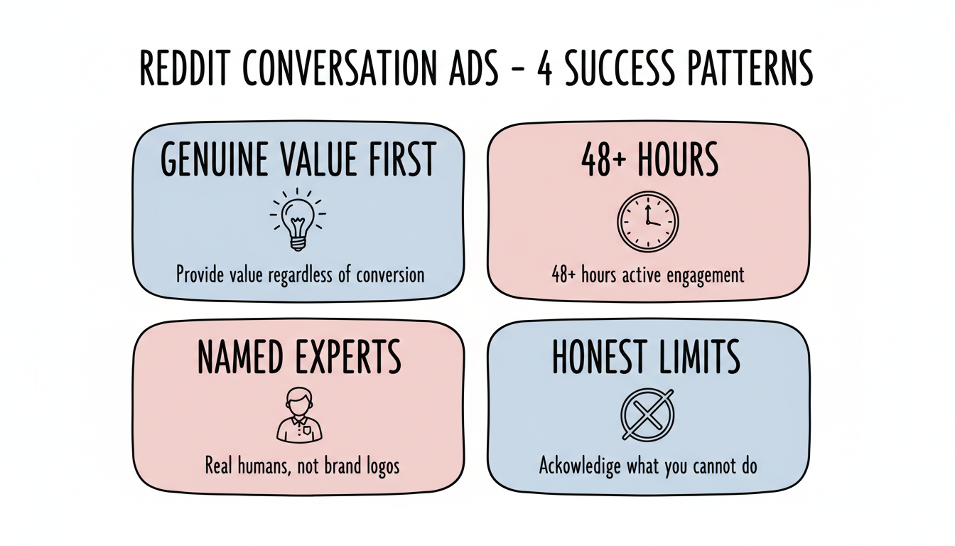 4 Success Patterns for Reddit Conversation Ads: Genuine Value, Extended Time, Named Experts, Honest Limits