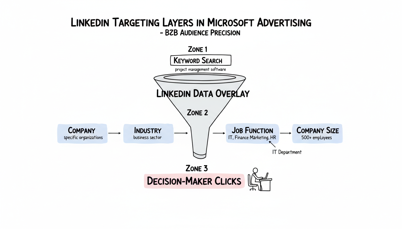 LinkedIn targeting layers in Microsoft Advertising — keyword search filtered by company, industry, job function, and company size to reach decision-makers