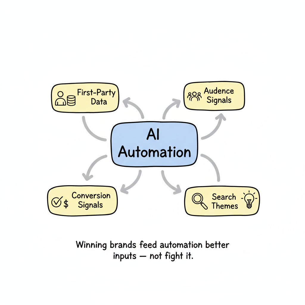 Signal-driven approach framework: four data inputs (First-Party Data, Audience Signals, Conversion Signals, Search Themes) feeding into AI Automation