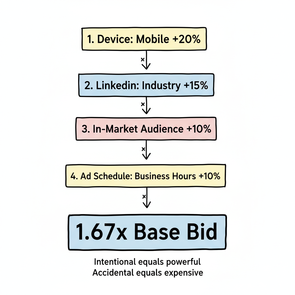 Bid adjustment compounding infographic: four stacked layers (Device +20%, LinkedIn +15%, In-Market +10%, Schedule +10%) multiplying to 1.67x base bid