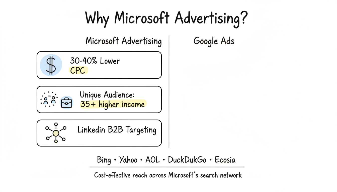 Microsoft Advertising vs Google Ads key advantages infographic