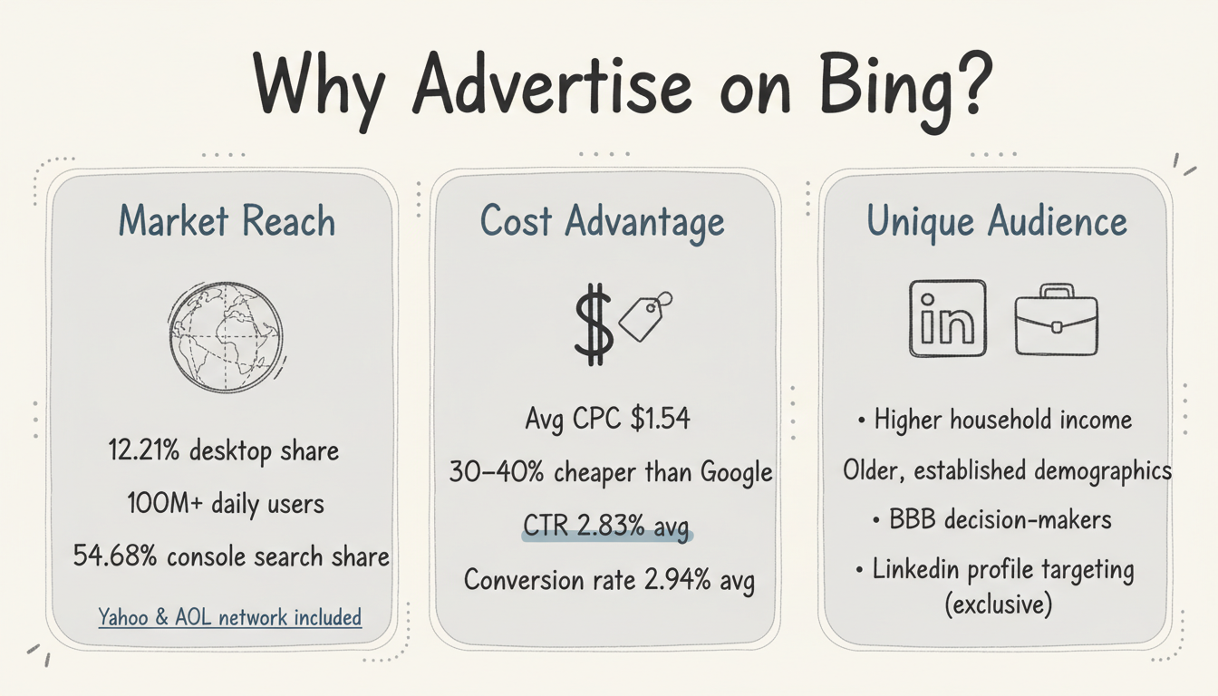 Why Advertise on Bing? — Market reach, cost advantage, and unique audience infographic