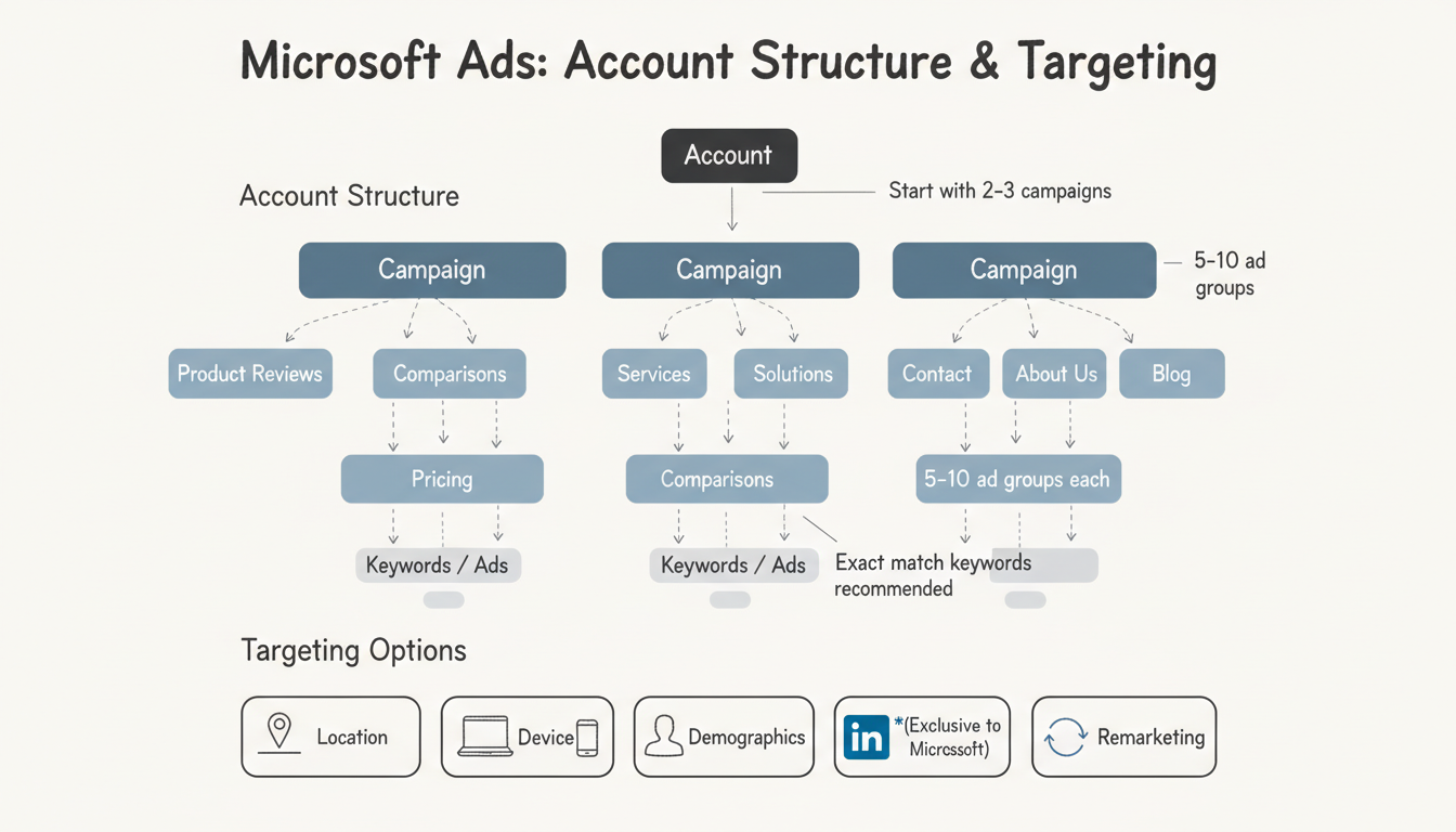Microsoft Ads account structure hierarchy and targeting options framework