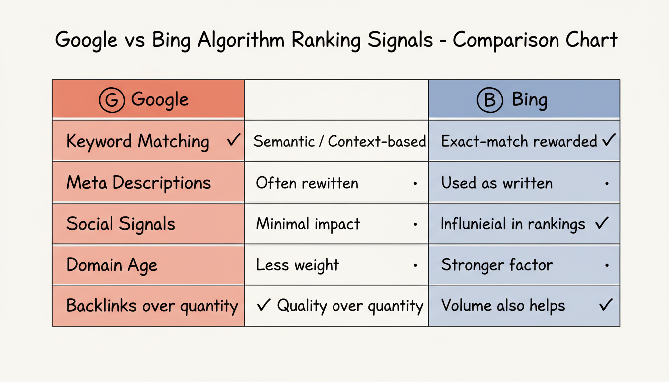 Google vs Bing Algorithm Ranking Signals - Comparison Chart