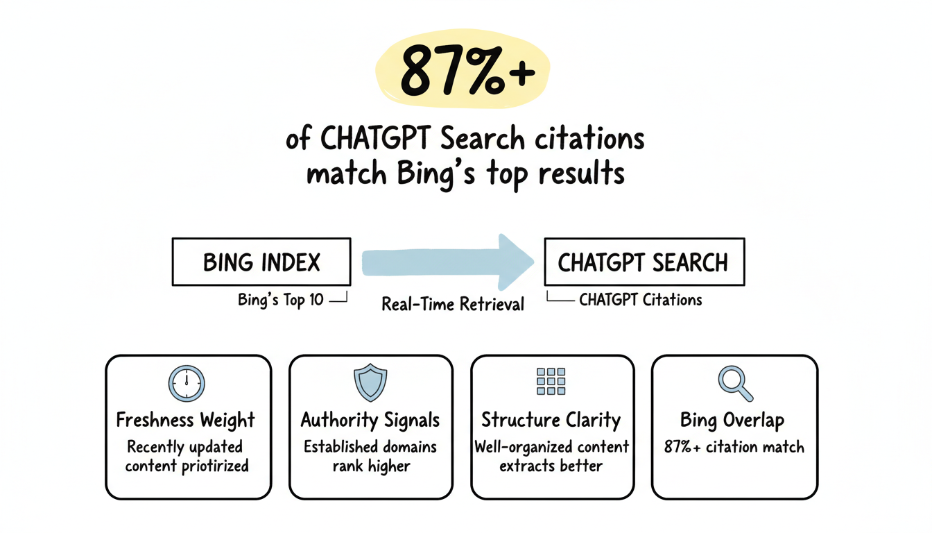 Bing to ChatGPT citation relationship infographic showing 87%+ overlap and key ranking signals