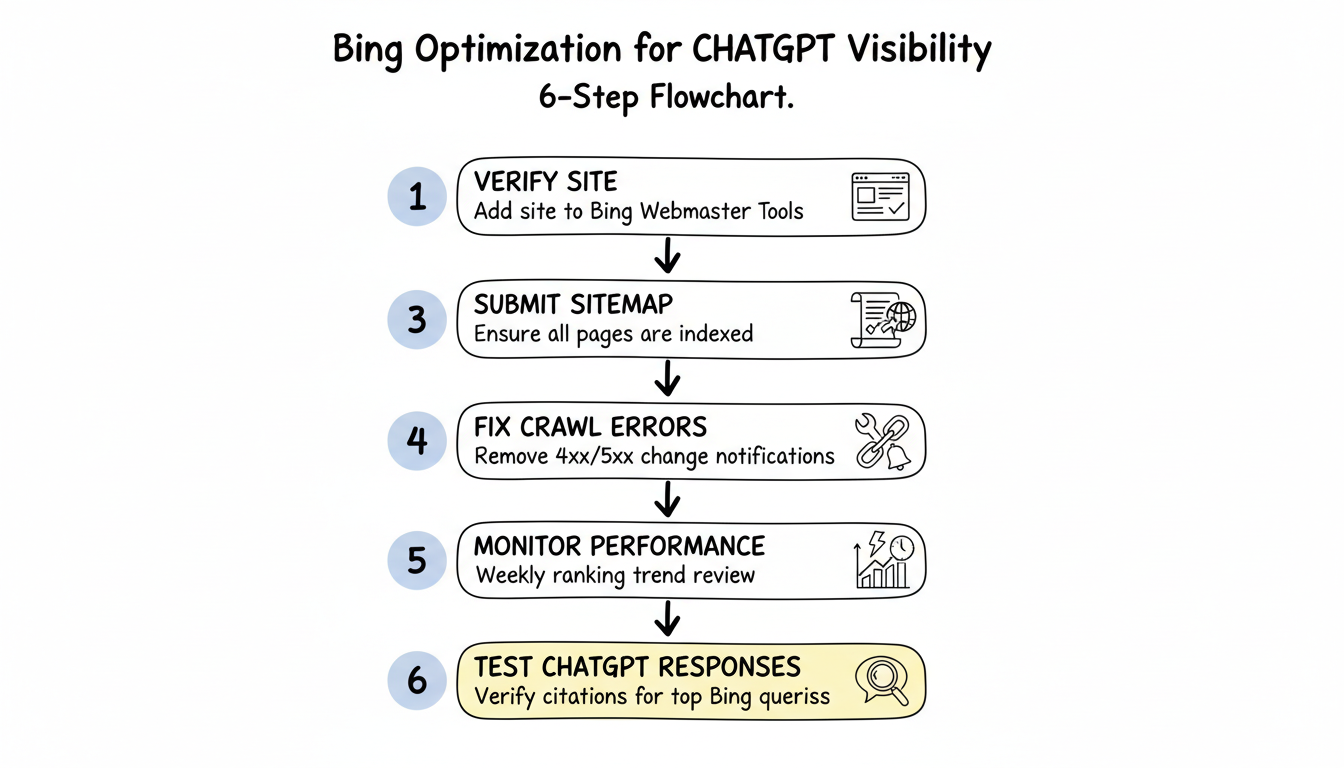 6-step Bing optimization flowchart for ChatGPT visibility: verify, submit sitemap, fix errors, enable IndexNow, monitor, test