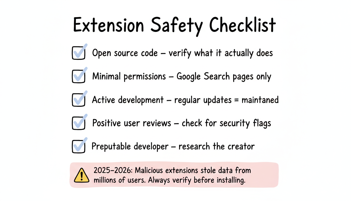 Extension safety checklist: open source code, minimal permissions, active development, user reviews, and developer reputation