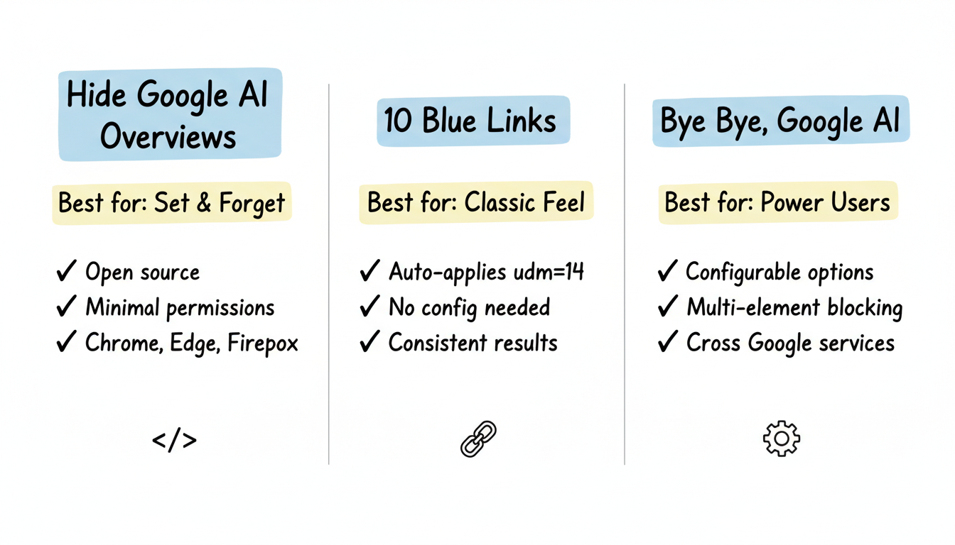 Comparison of the three top browser extensions for blocking Google AI Overviews: Hide Google AI Overviews, 10 Blue Links, and Bye Bye Google AI