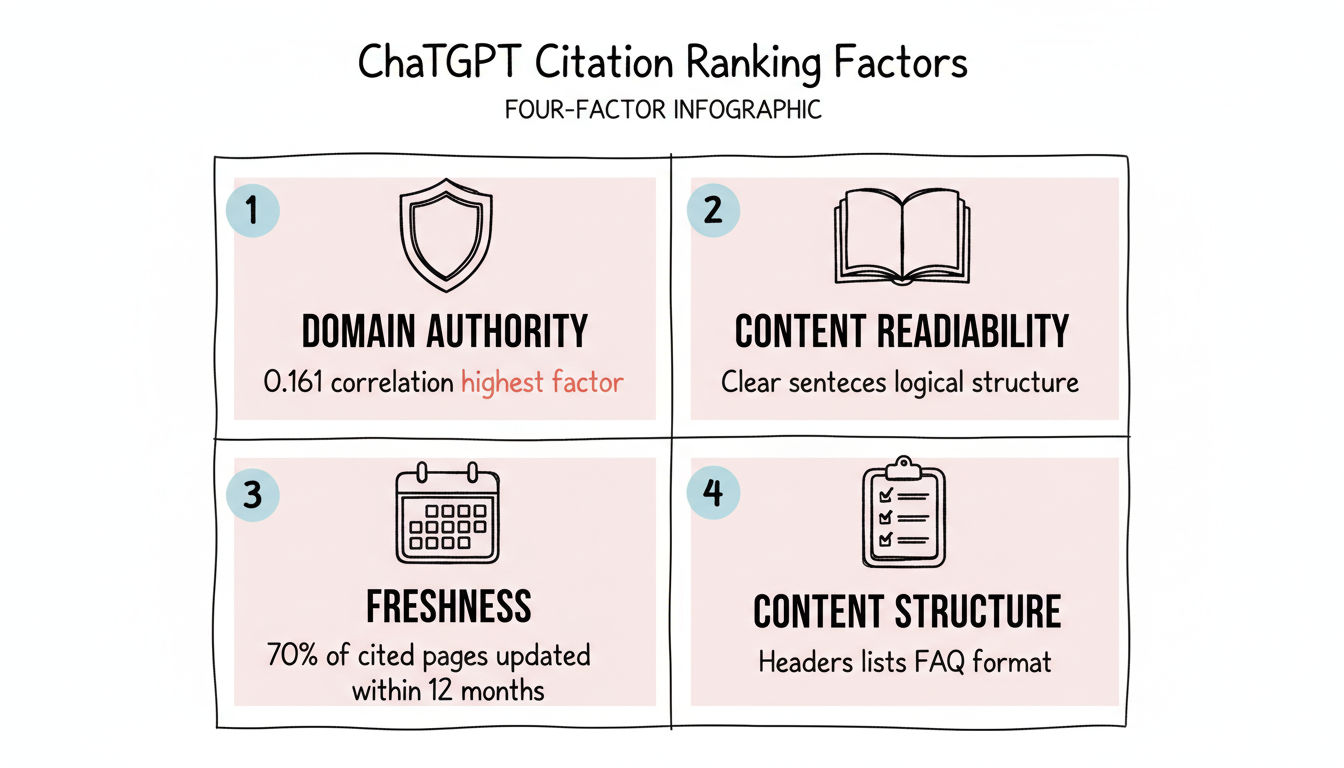 ChatGPT citation ranking factors: domain authority (0.161 correlation), readability, freshness (70%+ updated within 12 months), and content structure