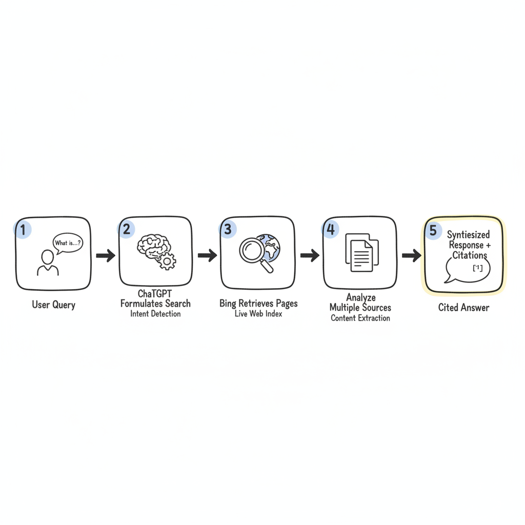 ChatGPT search pipeline: 5-step process from user query through Bing retrieval to synthesized cited response
