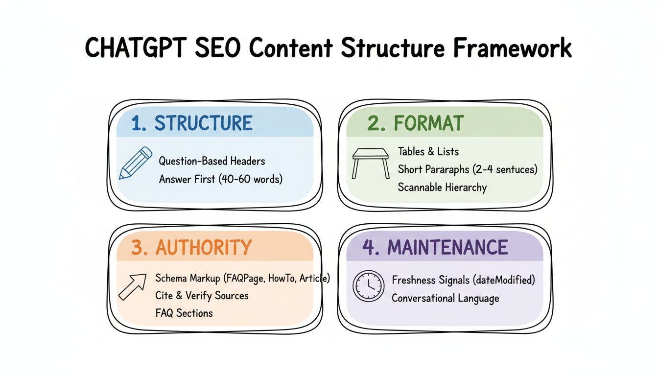 ChatGPT SEO content structure framework showing 10 best practices grouped into Structure, Format, Authority, and Maintenance categories