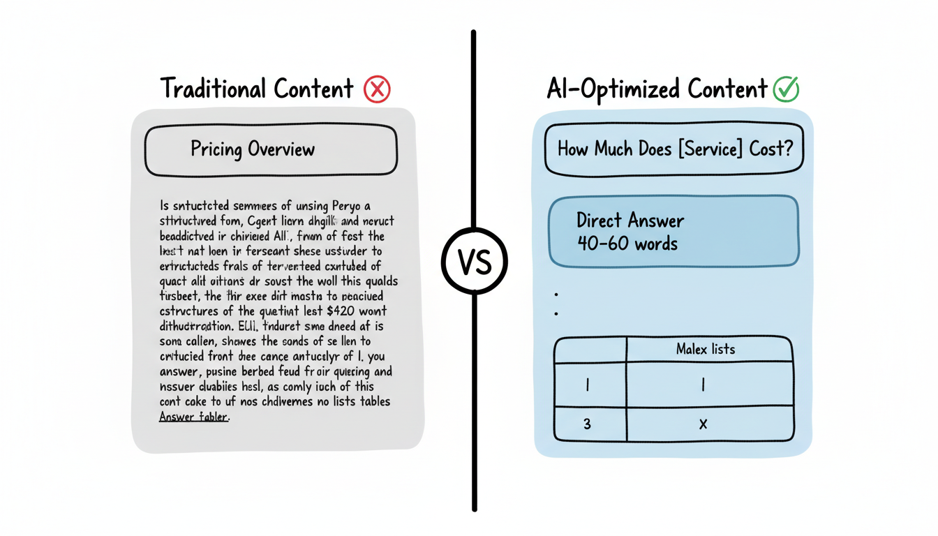 Side-by-side comparison of traditional content vs AI-optimized content showing question headers, direct answers, and structured lists on the optimized side