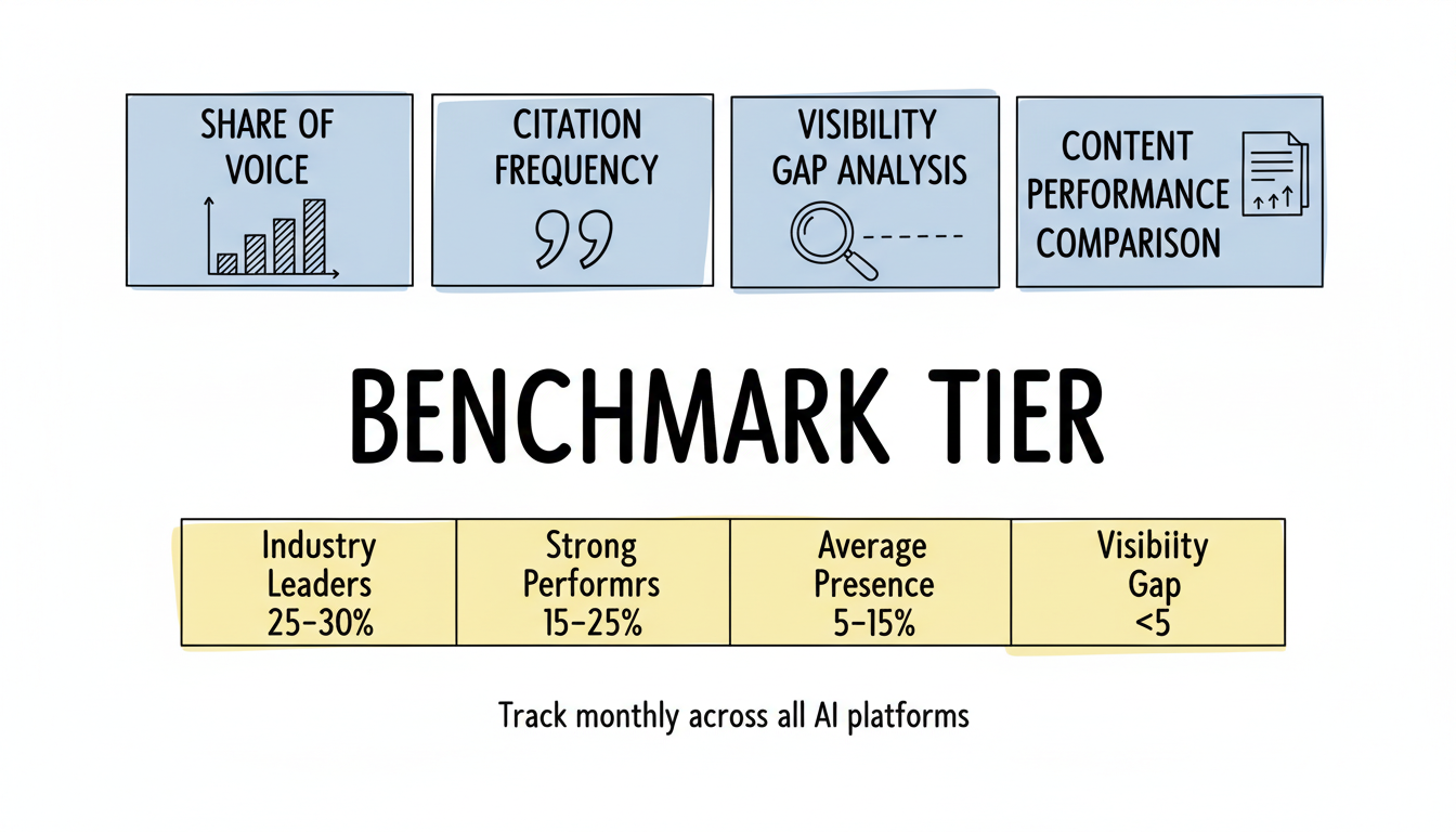 Core benchmarking metrics for AI search: Share of Voice tiers, Citation Frequency, Visibility Gap Analysis, and Content Performance Comparison