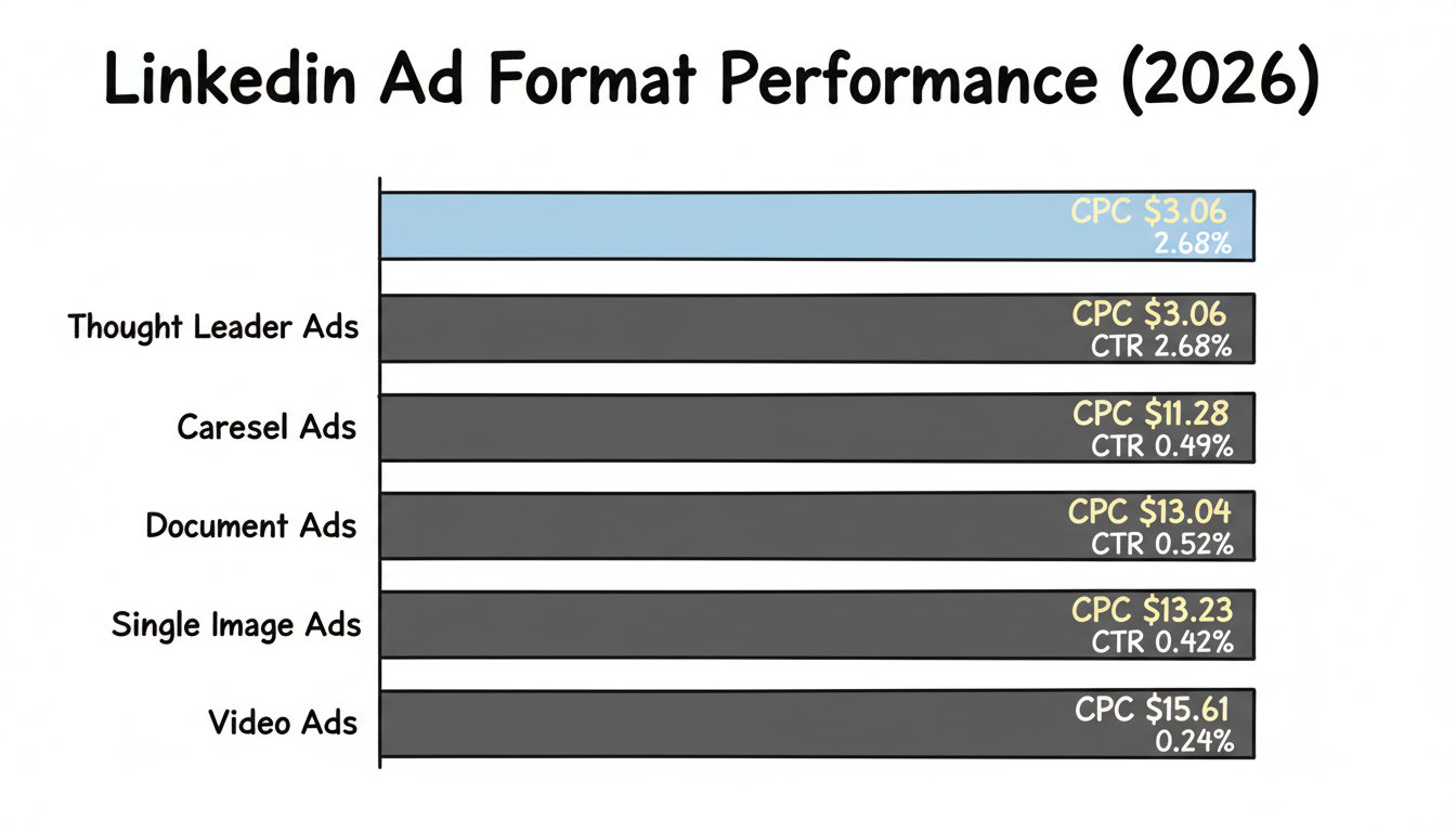 LinkedIn ad format performance comparison by CPC and CTR (2026)