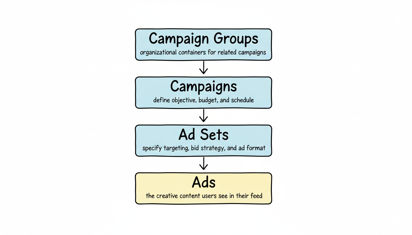 LinkedIn Campaign Manager hierarchy: Campaign Groups → Campaigns → Ad Sets → Ads